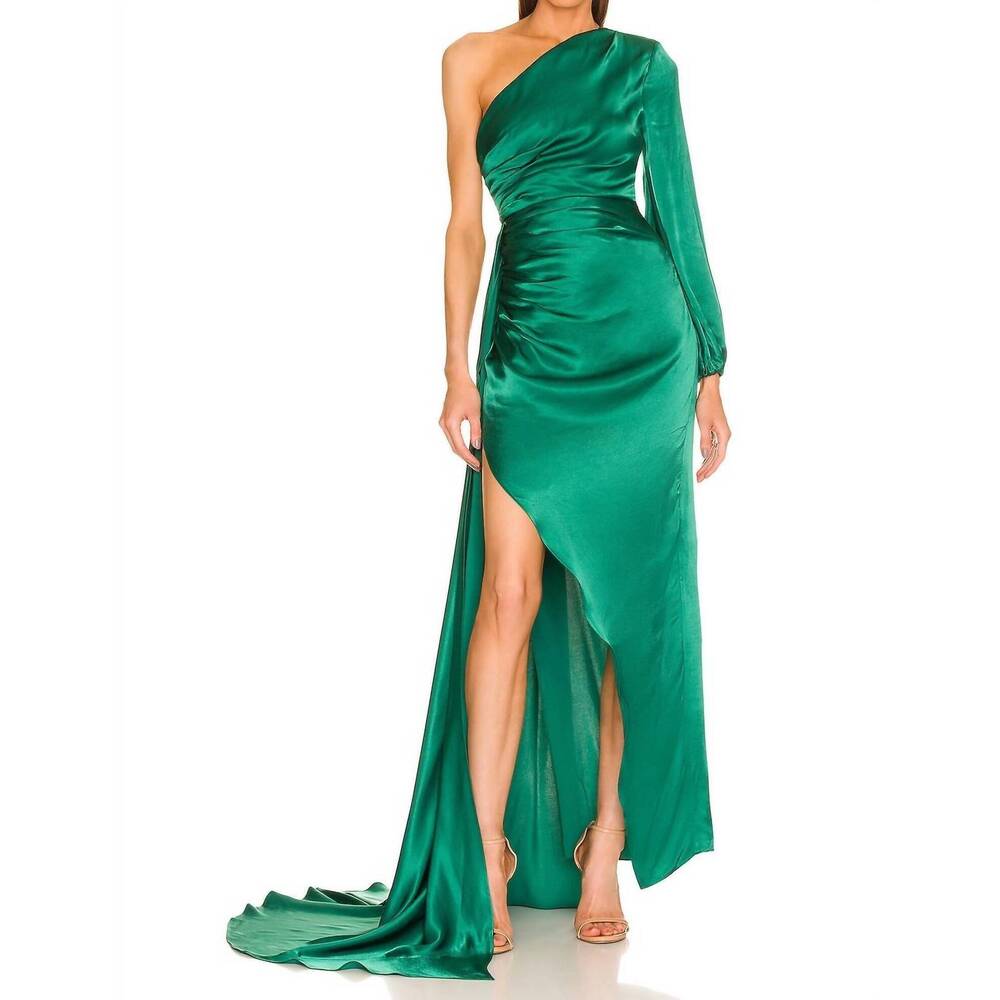NEW MICHAEL COSTELLO heather one shoulder gown in green